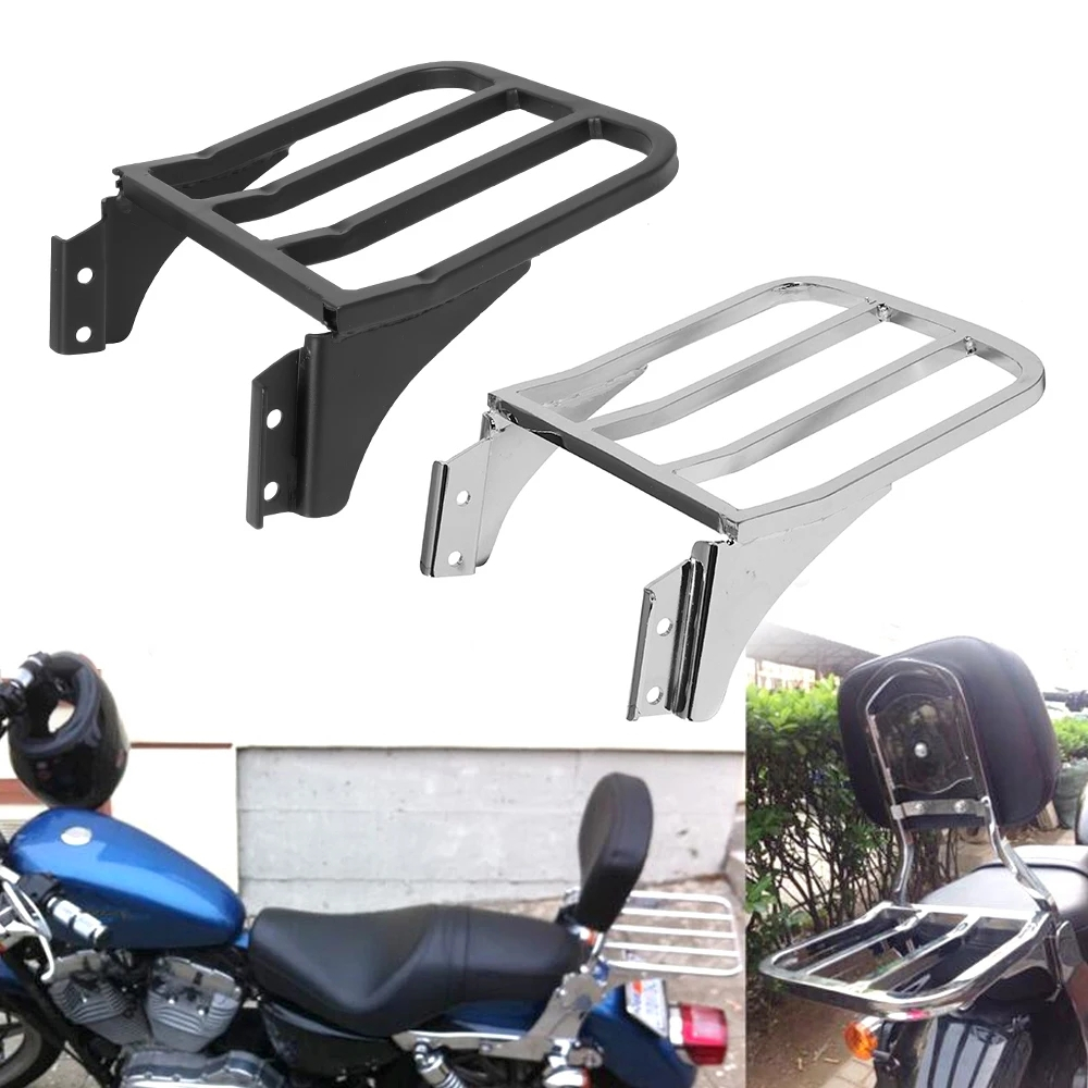 รถจักรยานยนต์สีดําด้านหลังพนักพิง Sissy Bar กระเป๋าเดินทางสําหรับ Harley Sportster XL 883 1200 Heritage Softail FLST Dyna