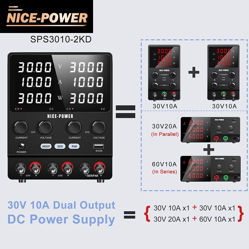 NICE-POWER แหล่งจ่ายไฟ DC แบบคู่ตัวแปร: 4 in 1 (30V 10A, 30V 10A, 30V 20A, 60V 10A) Series หรือ Para