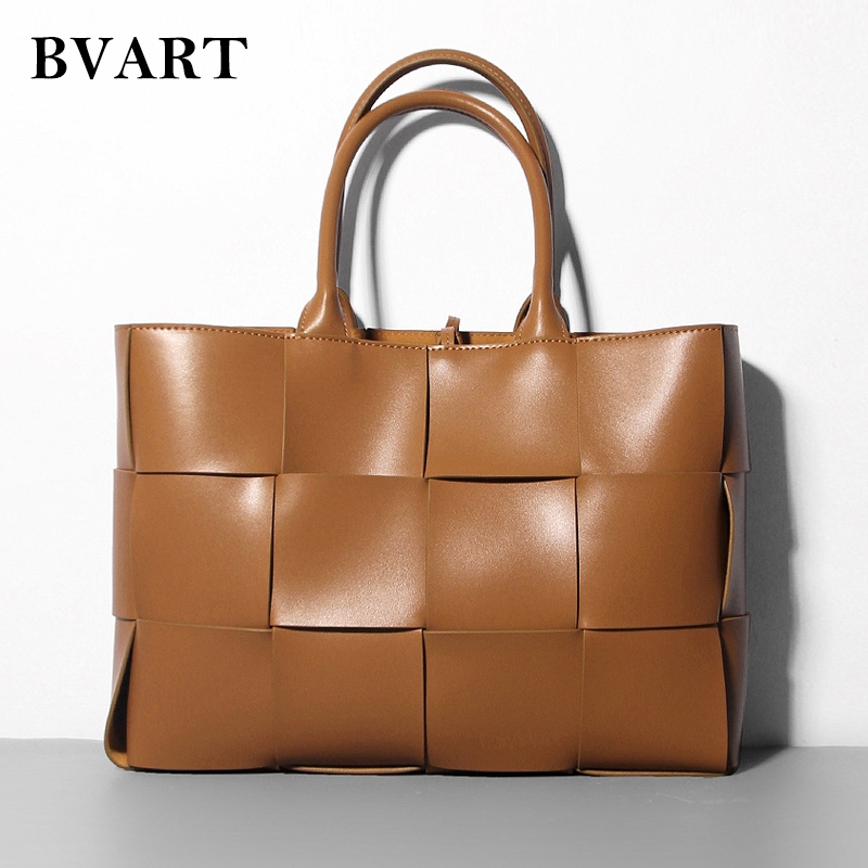 กระเป๋าโท้ทสำหรับสุภาพสตรีกระเป๋าสะพายหนังวัวหนังแท้100% แฟชั่นเรียบง่ายความจุขนาดใหญ่ถุงช้อปปิ้งทอ