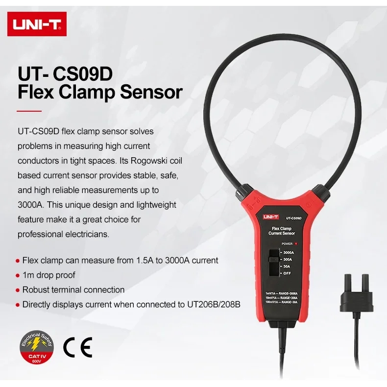 UNI-T UT-CS09D 3000A AC Current ยืดหยุ่น Clamp Meter Flex Clamp Sensor Amperemeter ความถี่ UT206B UT