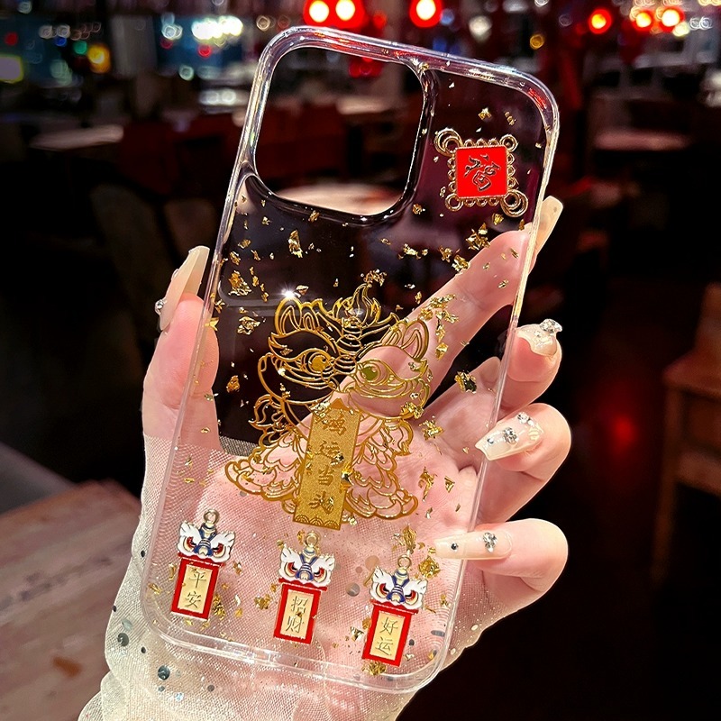 เคสป้องกันโทรศัพท์มือถืออีพ็อกซี่ แบบใส กันกระแทก ลายสิงโตนําโชค ฟอยล์สีทอง สําหรับ Apple Iphone 11 12 13 14pro 15promax 14