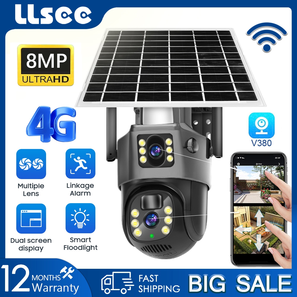 LLSEE v380 pro 8MP 4K, เลนส์คู่ 4G ซิมการ์ดพลังงานแสงอาทิตย์กล้องวงจรปิด, แบตเตอรี่ในตัว, กล้องวงจรปิดไร้สาย WIFI การตรวจสอบกล้อง, กล้องรักษาความปลอดภัย IP