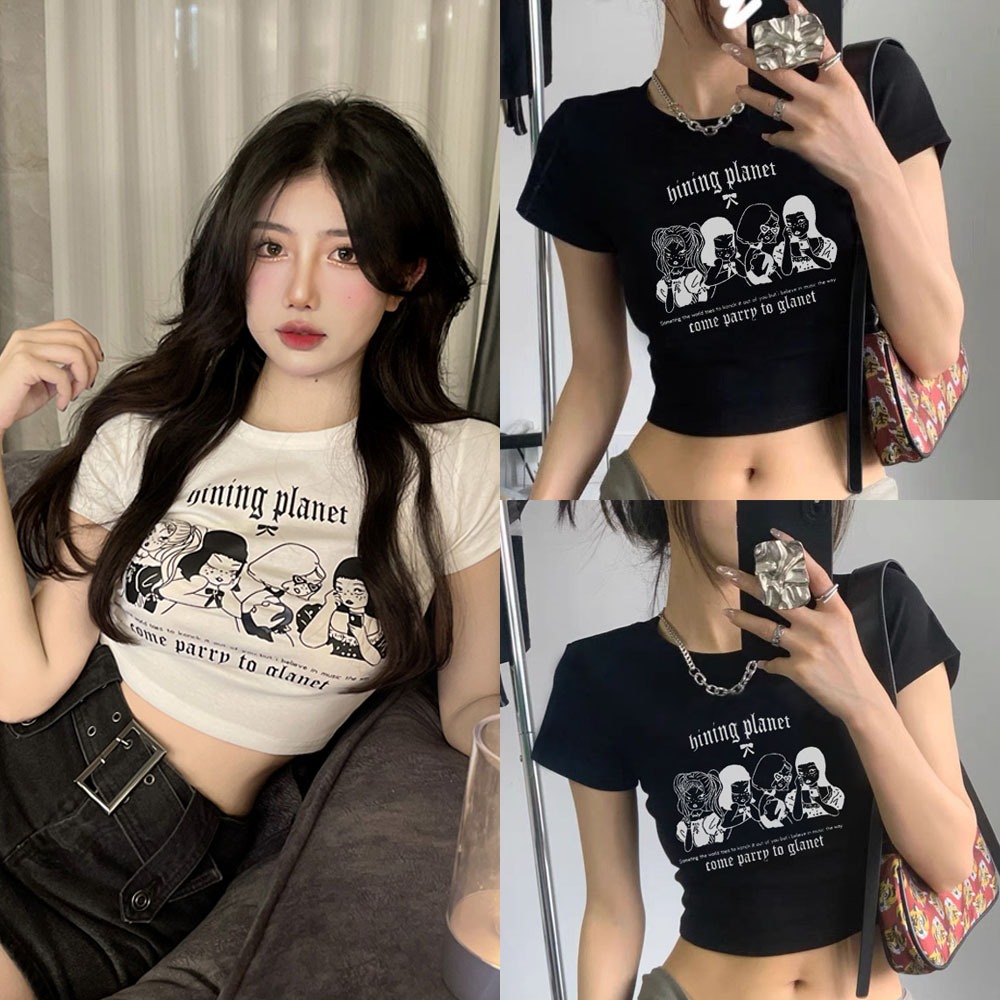 Betty House เสื้อครอป ผู้หญิงพิมพ์ลายหวานสไตล์เกาหลีเสื้อ y2k