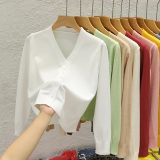 เสื้อคาร์ดิแกนกันหนาว แขนยาว คอวี ขนาดเล็ก แฟชั่นฤดูใบไม้ผลิ สําหรับผู้หญิง