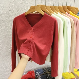 เสื้อคาร์ดิแกนกันหนาว แขนยาว คอวี ขนาดเล็ก แฟชั่นฤดูใบไม้ผลิ สําหรับผู้หญิง