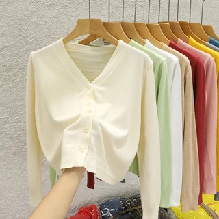 เสื้อคาร์ดิแกนกันหนาว แขนยาว คอวี ขนาดเล็ก แฟชั่นฤดูใบไม้ผลิ สําหรับผู้หญิง