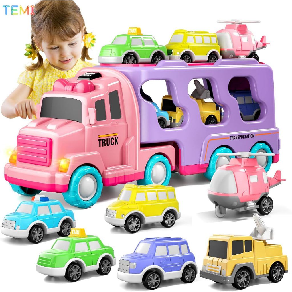 Temi 7-in-1 รถบรรทุกของเล่น พร้อมไฟ และเสียง สีชมพู สําหรับเด็กผู้หญิง 1 2 3 4 5 ปี