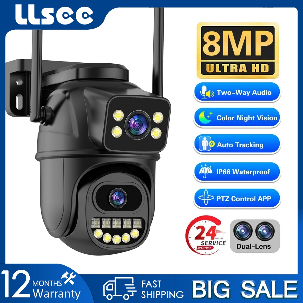 LLSEE ICSEE 4K 8MP เลนส์คู่กล้องวงจรปิดไร้สาย WIFI, PTZ กล้องวงจรปิดกลางแจ้ง 360 การติดตามมือถือ, พูดคุยสองทาง, กันน้ำ IP66, การมองเห็นกลางคืนที่มีสีสัน