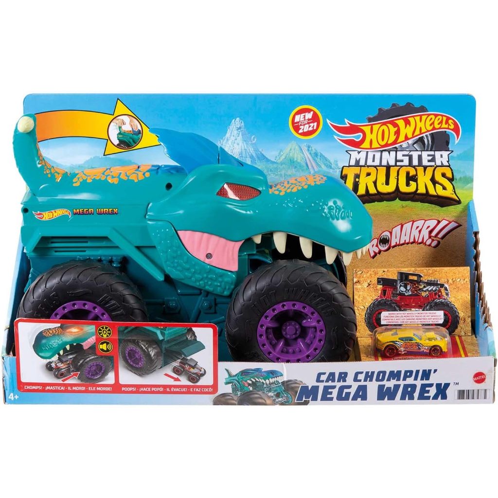 Hot Wheels Monster Trucks Car Chompin MEGA-Wrex, Large Toy Monster Truck & 1:64 Scale Toy Car, "Eats" & "Poops" 1:64 Scale Vehicles GYL13