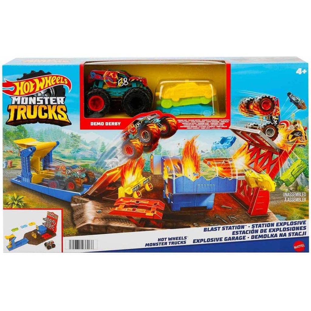 Hot Wheels Monster Trucks Blast Station Playset with 1:64 Scale Demo Derby Toy Truck & 3 Crushable Cars HFB12 ชุดของเล่นรถบรรทุกมอนสเตอร์ พร้อมสเกล 1:64 และรถบดได้ 3 คัน HFB12