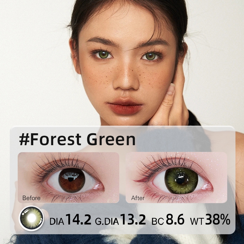 O2girl (COD) คอนแทคเลนส์ สีเขียวธรรมชาติ 14.2-14.5 มม. 0~-8.00 2 ชิ้น