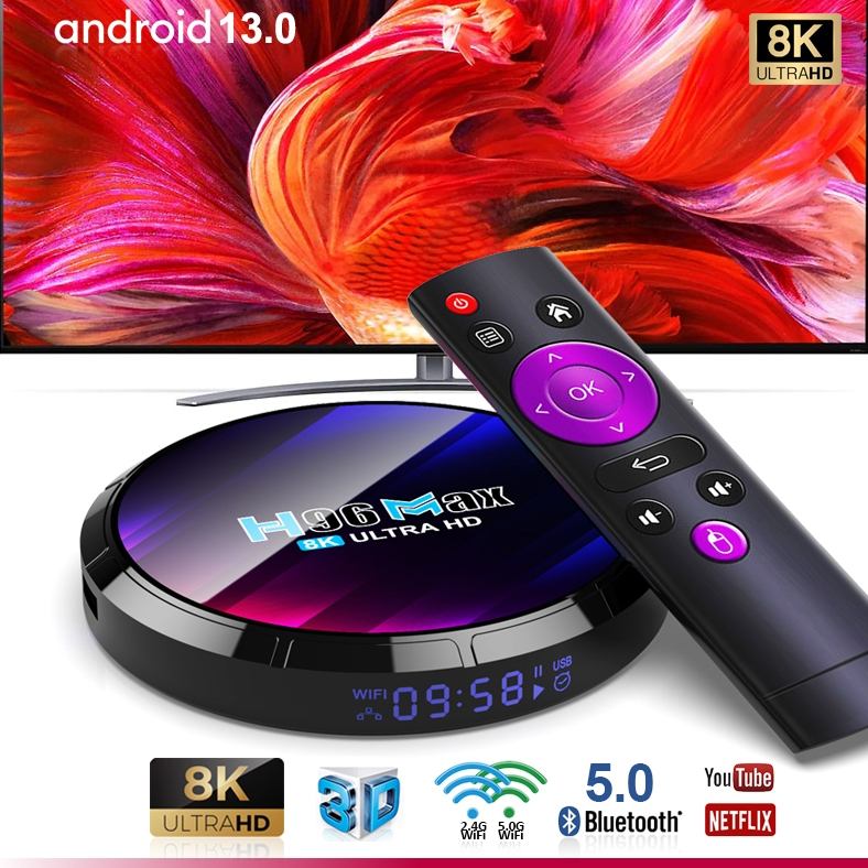 Android TV Box 4 + 32GB android 13.0 8K ultra HD wifi2.4 และ 5G smart android TV Box