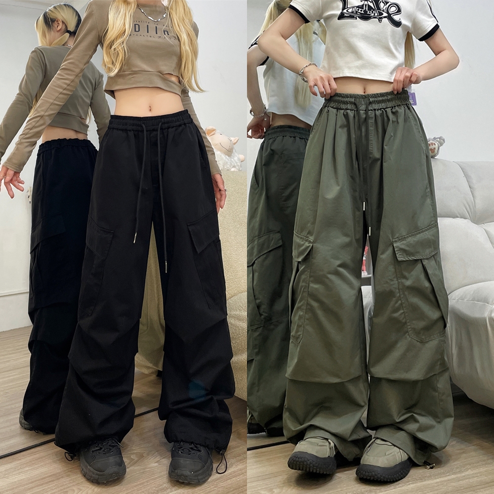 Betty House🌟กางเกงคาโก้💕ผู้หญิงแฟชั่นเกาหลีหลวม y2kกางเกงดําcargo pants
