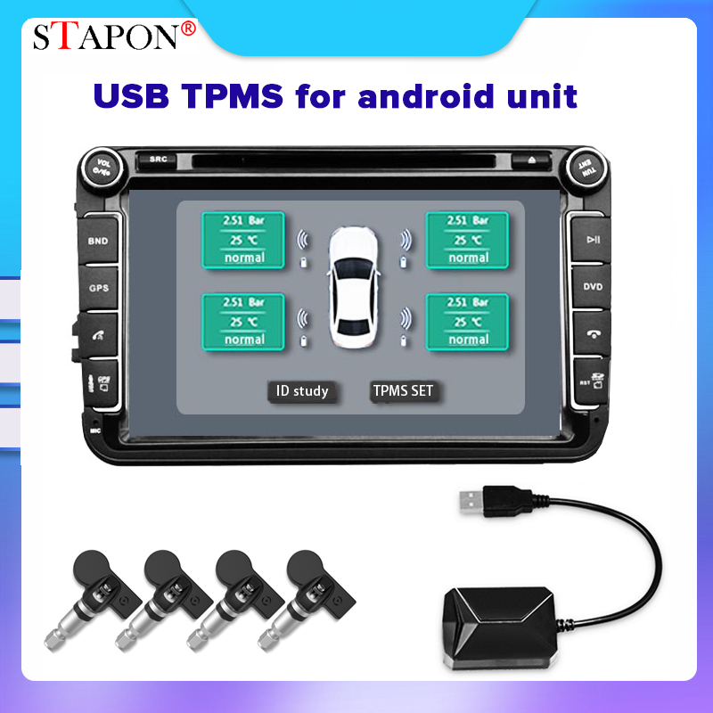 STAPON USB TPMS สําหรับ android หน่วยเซ็นเซอร์ภายในเครื่องวัดความดันลมยางระบบเตือนเกียร์ไร้สาย TA4