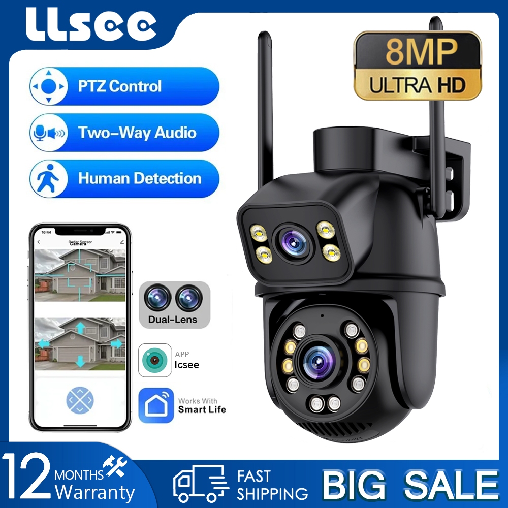 LLSEE ICSEE 8MP เลนส์คู่กล้องวงจรปิดไร้สาย WIFI การเชื่อมต่อกล้องเฝ้าระวังกลางแจ้ง PTZ IP Camera สัญญาณเตือนการติดตามอัตโนมัติกันน้ำการสื่อสารสองทางอัจฉริยะคืนวิสัยทัศน์