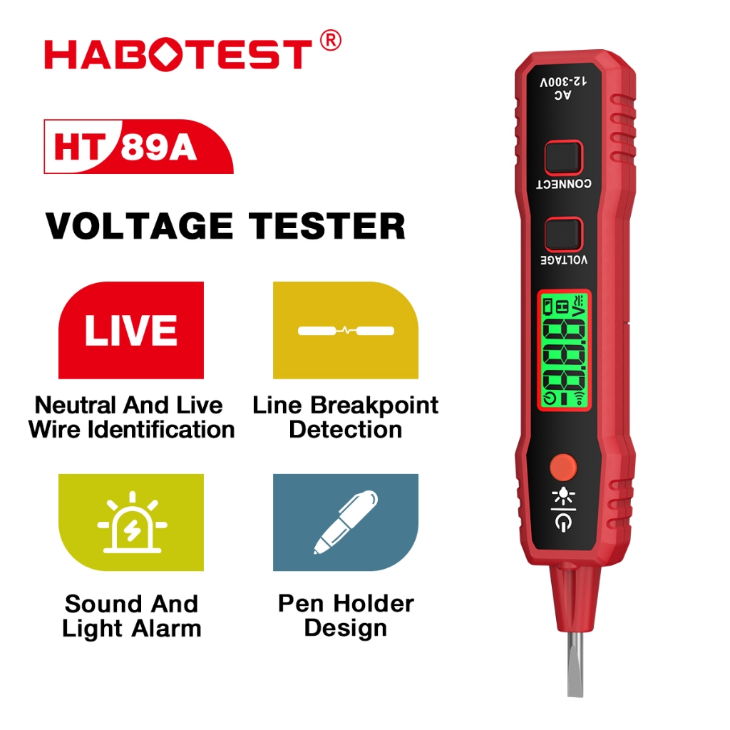 【จัดส่งจากกรุงเทพ】Habotest HT89A ปากกาตรวจจับแรงดันไฟฟ้า AC NCV 12~300V สําหรับ Live/Null พร้อมไฟฉาย หน้าจอ LCD Data Hold