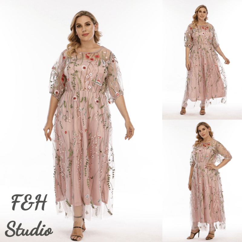 F&H 3206-L-4XL ชุดราตรีตาข่ายปักผู้หญิงพลัสไซส์หรูหรา