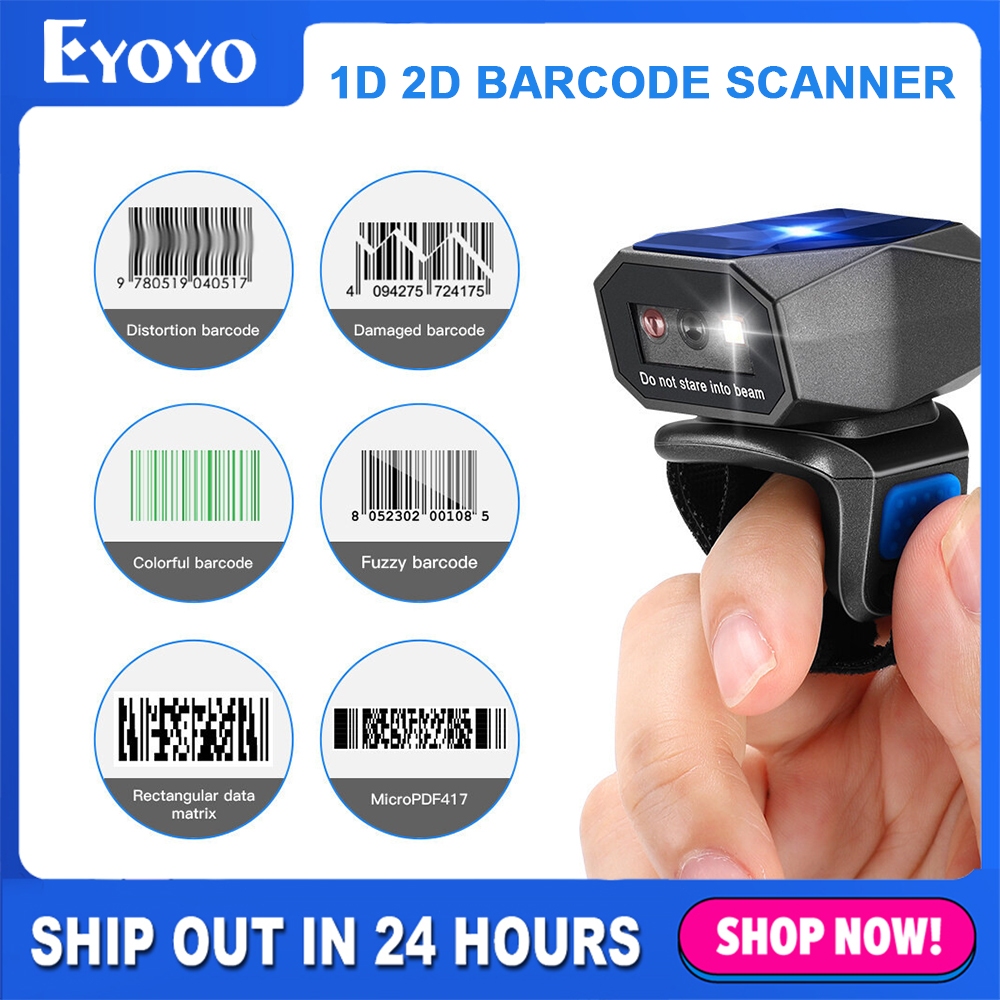 Eyoyo Wearable Ring Barcode Scanner 1D 2D Bluetooth Barcode Scanner ไร้สาย QR Code Reader อัพเกรด PD