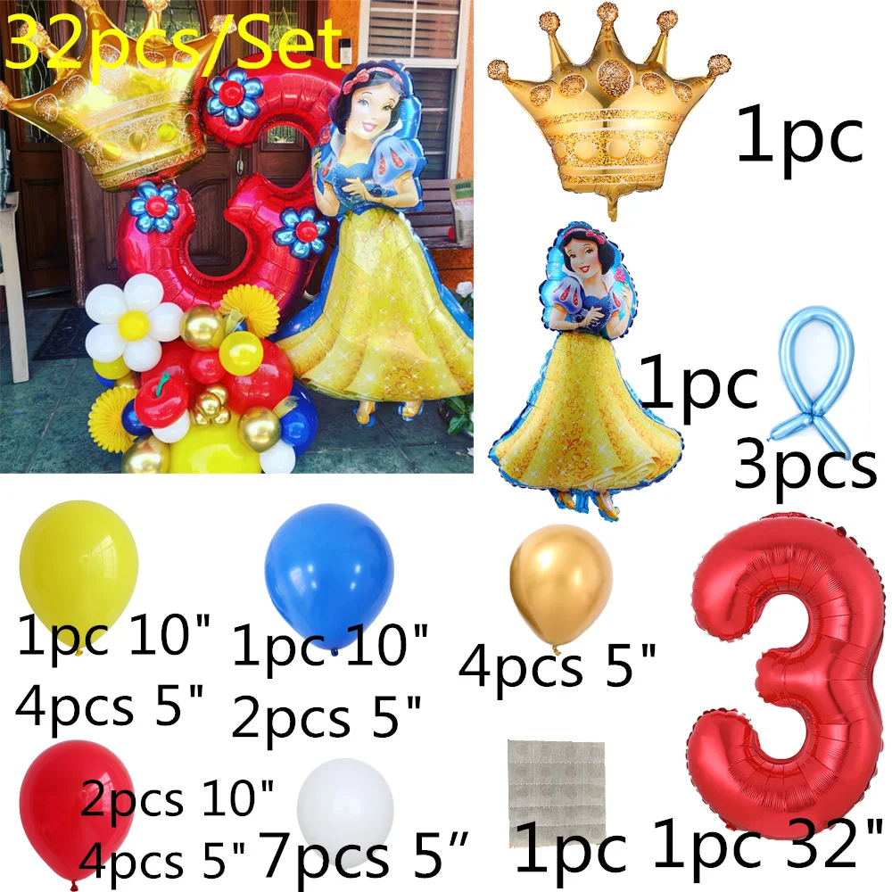 ลูกโป่งธีมเจ้าหญิงสโนว์ไวท์ 1 2 3th สําหรับตกแต่งปาร์ตี้วันเกิดเด็ก 32 ชิ้น