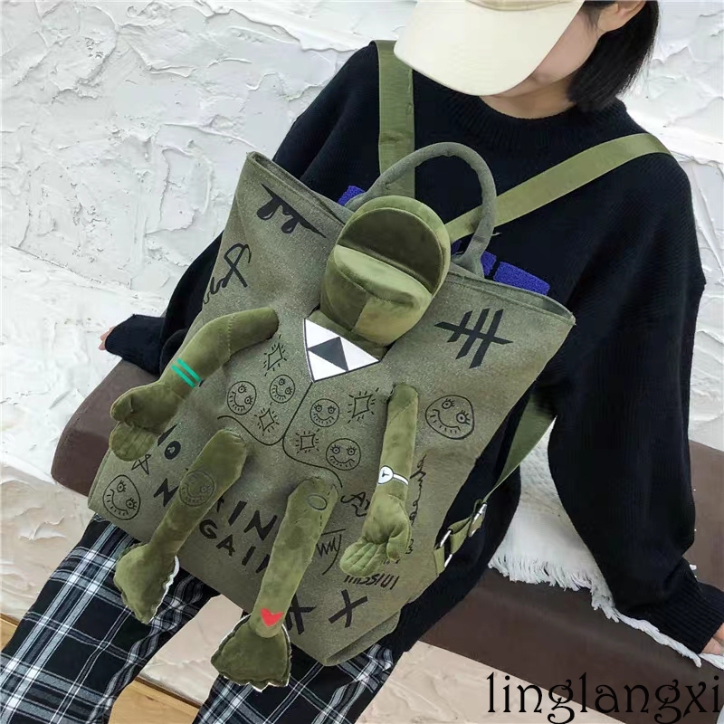 Llx- กระเป๋าเป้สะพายหลัง กระเป๋านักเรียน แต่งซิป ขนาดใหญ่ จุของได้เยอะ ลายกราฟฟิติกกบ สําหรับผู้ชาย และผู้หญิง