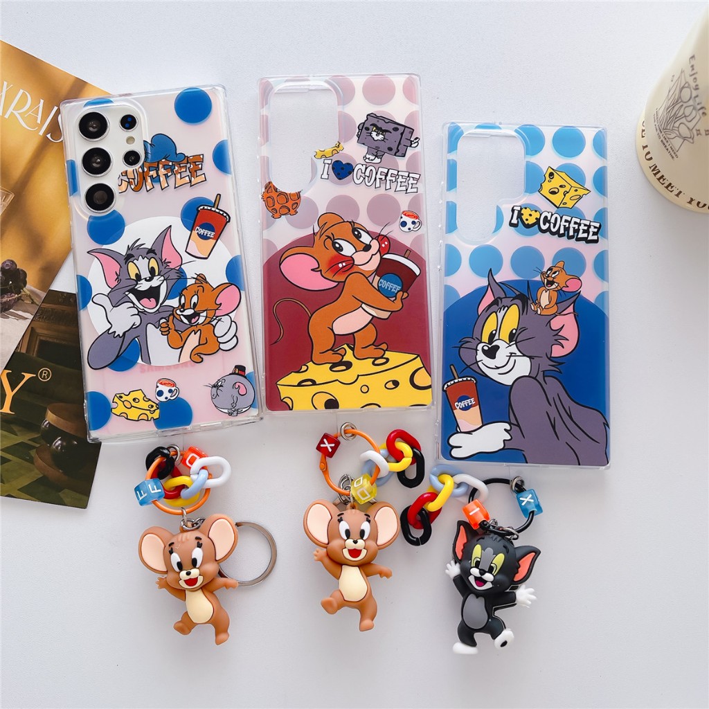 การ์ตูน แมว และหนู ซองโทรศัพท์ Samsung Galaxy S24 Ultra S24 Plus S24 S23 Ultra S23 Plus S23 S23FE S22Ultra S22Plus S22 Case เคสโทรศัพท์ใหม่ โซ่แขวนการ์ตูน 3 มิติ สองด้าน IMD ป้องกันการตก เคสมือถือซัมซุง