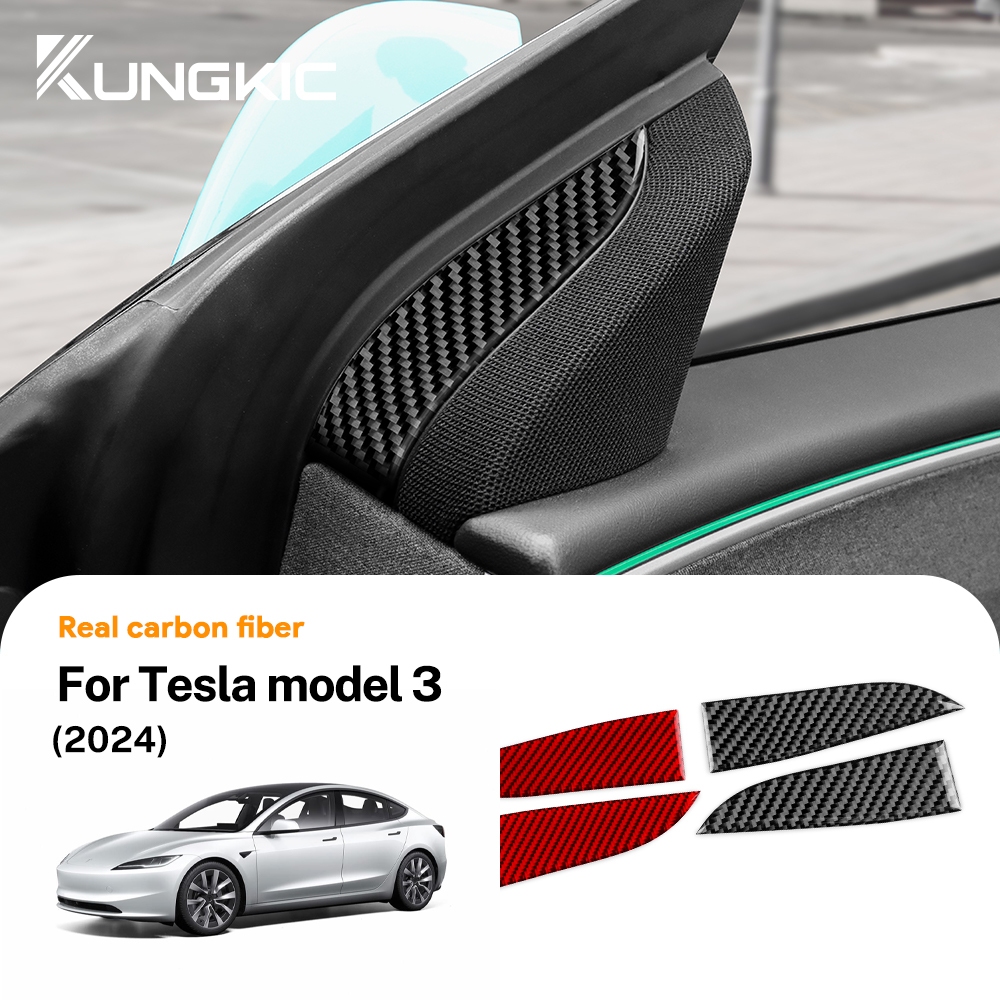 KUNGKIC คาร์บอนไฟเบอร์สําหรับ Tesla รุ่น 3 Highland 2024 2025 รถประตูสามเหลี่ยมด้านใน Trim สติกเกอร์อุปกรณ์ตกแต่งภายใน