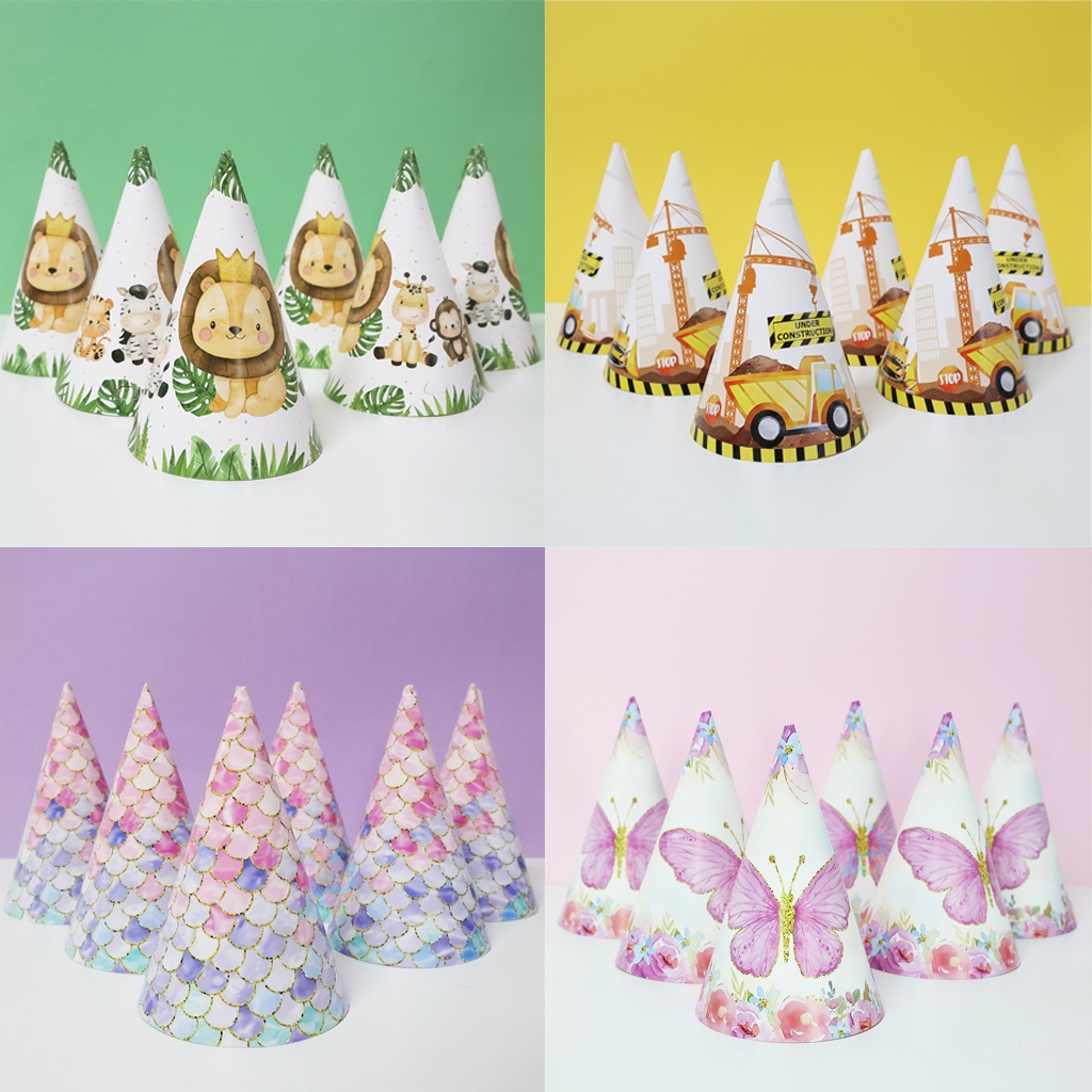 6 ชิ้น/เซ็ตธีมหมวกวันเกิดรูปแบบหมวกกระดาษสำหรับงานเลี้ยงวันเกิดเด็กต้องการอุปกรณ์ (สัตว์/ไดโนเสาร์/ก่อสร้าง/นางเงือก/ผีเสื้อ)