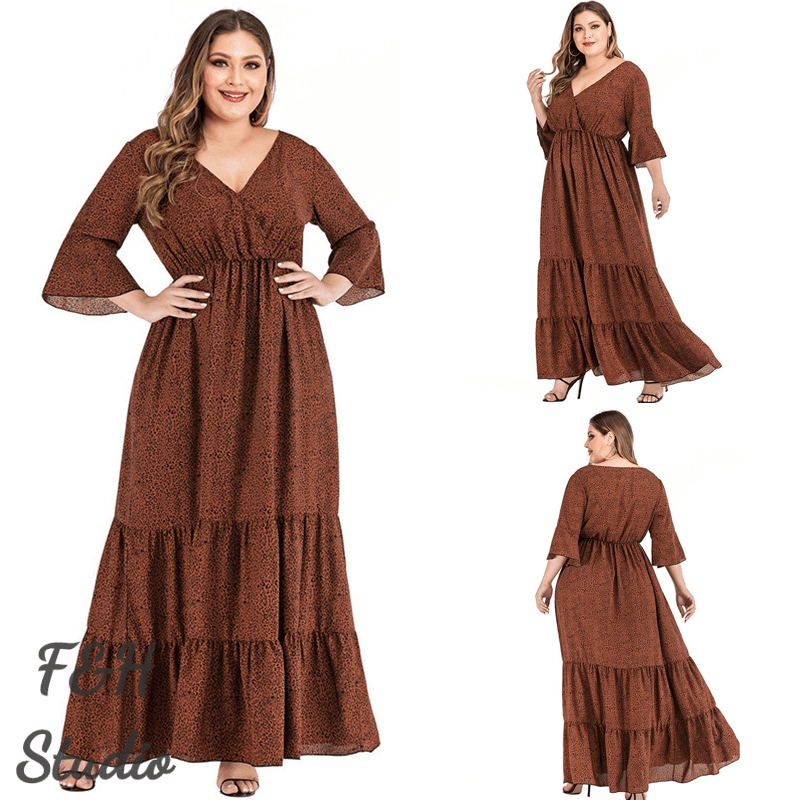 F&H 1950-XL-6XL Plus Size Leopard Print V Neck Flared Sleeves Long Dress