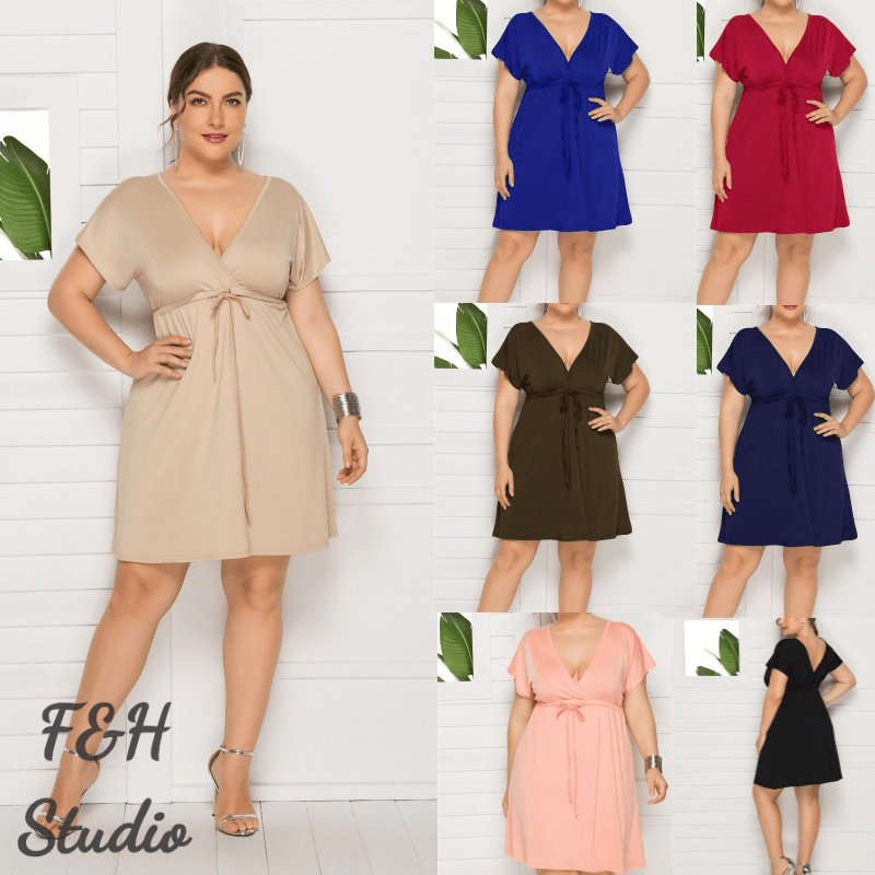 F&H 437-7 สี M-4XL Plus ขนาดผู้หญิงแขนกุดลึก V คอเอวยางยืดชุดสั้น