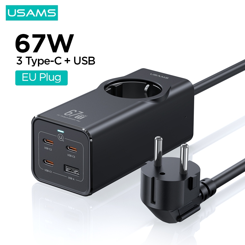 USAMS 67W GaN3 Pro อะแดปเตอร์ปลั๊ก EU ชาร์จเร็ว 3C+1U พร้อมสายเคเบิลต่อขยาย 2200W