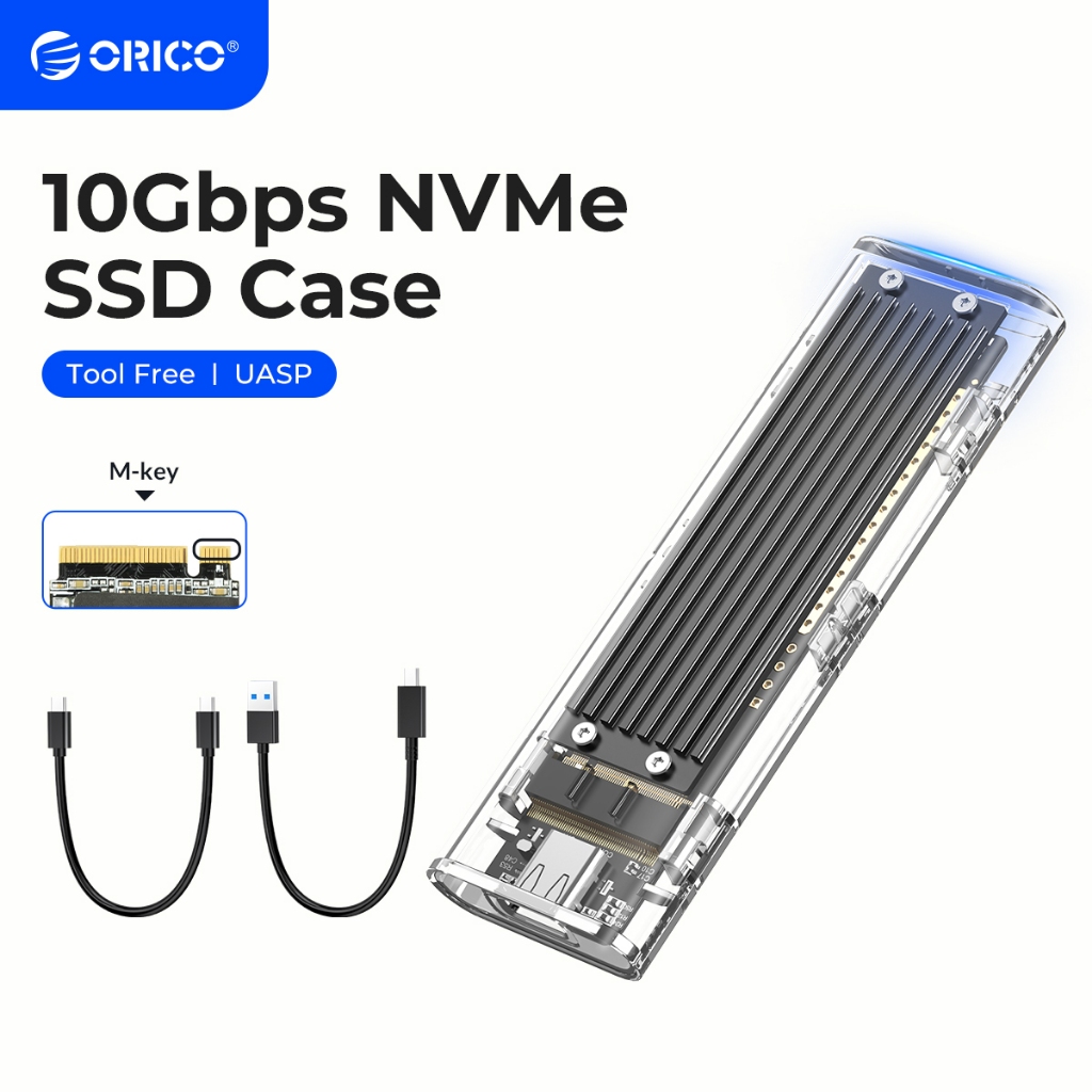 Orico SSD Enclosure โปร่งใส NVME M.2 ถึง type-c 10Gbps การกระจายความร้อนซิลิโคน ฮาร์ดดิสก์มือถือภายนอก (TCM2)