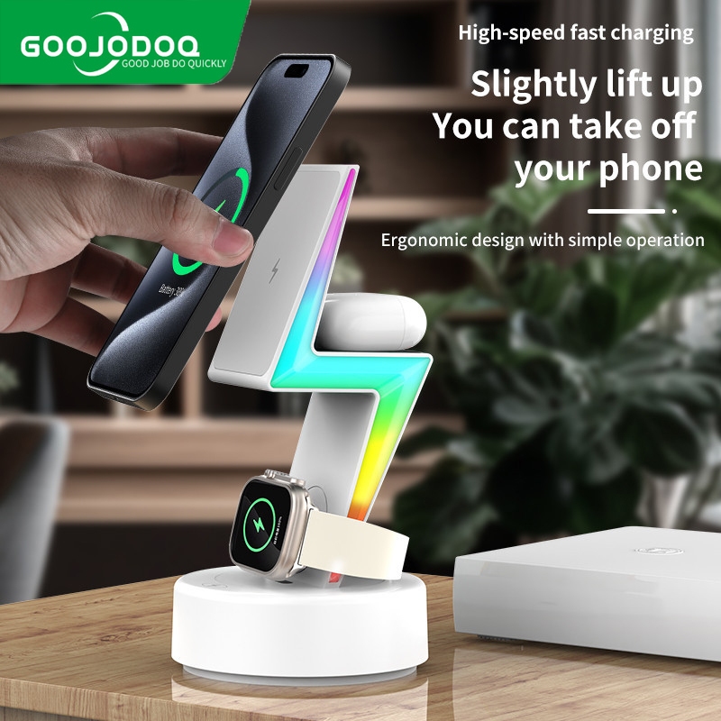 GOOJODOQ แท่นชาร์จแม่เหล็กไร้สาย 15w 3-in-1 พร้อมไฟหลากสี สําหรับ for Iphone Iwatch Airpods