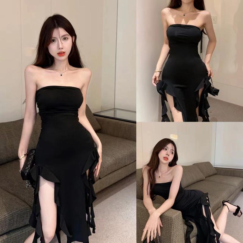 Hotgirl  พร้อมส่งจากกทม ✨ สีดำเซ็กซี่ชุดปาร์ตี้🌸ชุดเดรสทรงเพรียวดีไซน์ย้อนยุคสไตล์อเมริกันย้อนยุค