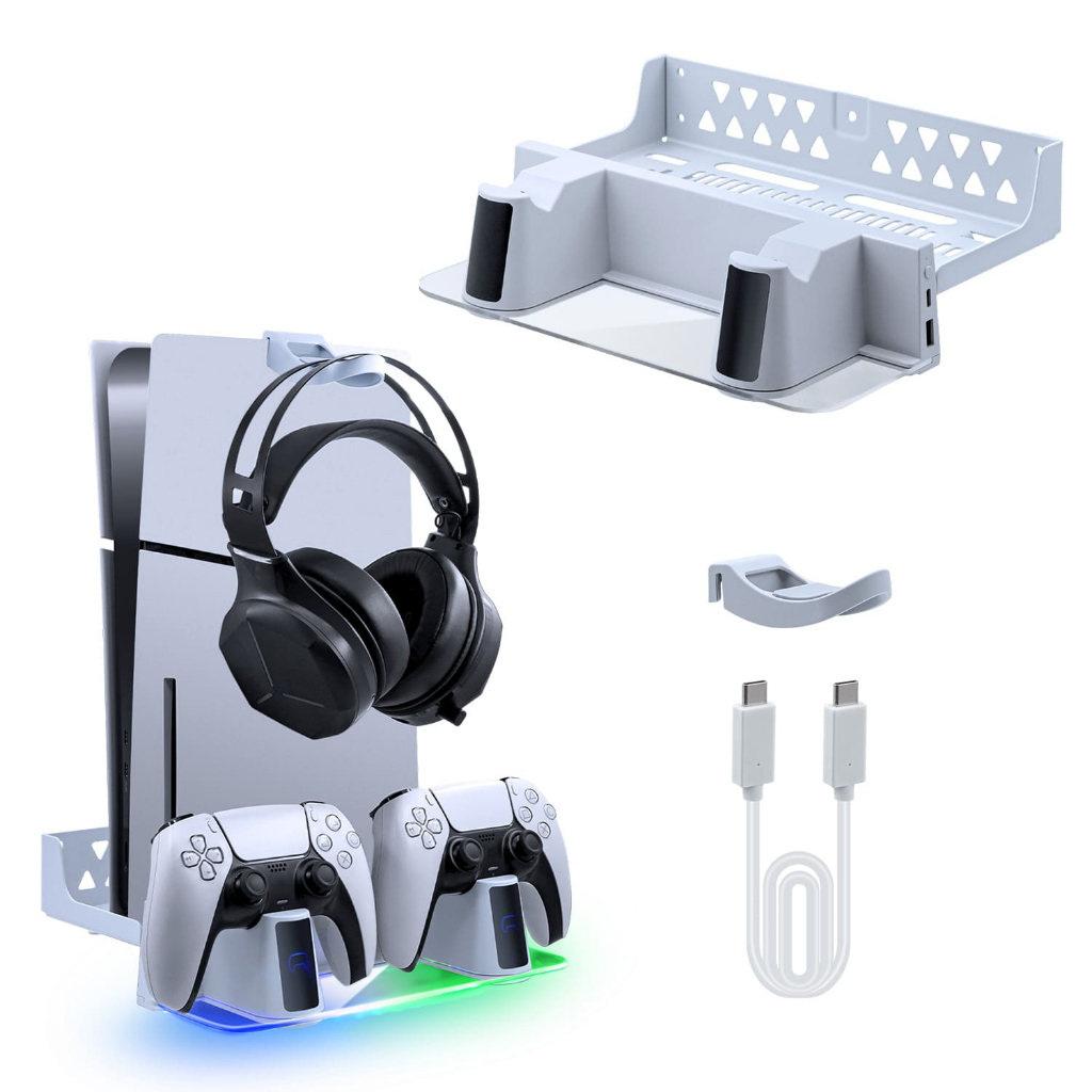 ขาตั้งคอนโซลเกมติดผนังพร้อมเครื่องชาร์จคอนโทรลเลอร์คู่สําหรับ PS5 Pro/PS5 Slim/PS5