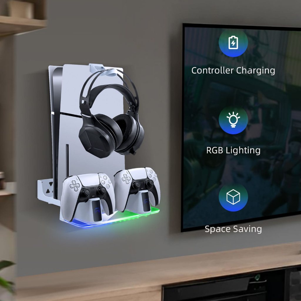 ขาตั้งคอนโซลเกมติดผนังพร้อมเครื่องชาร์จคอนโทรลเลอร์คู่สําหรับ PS5 Pro/PS5 Slim/PS5