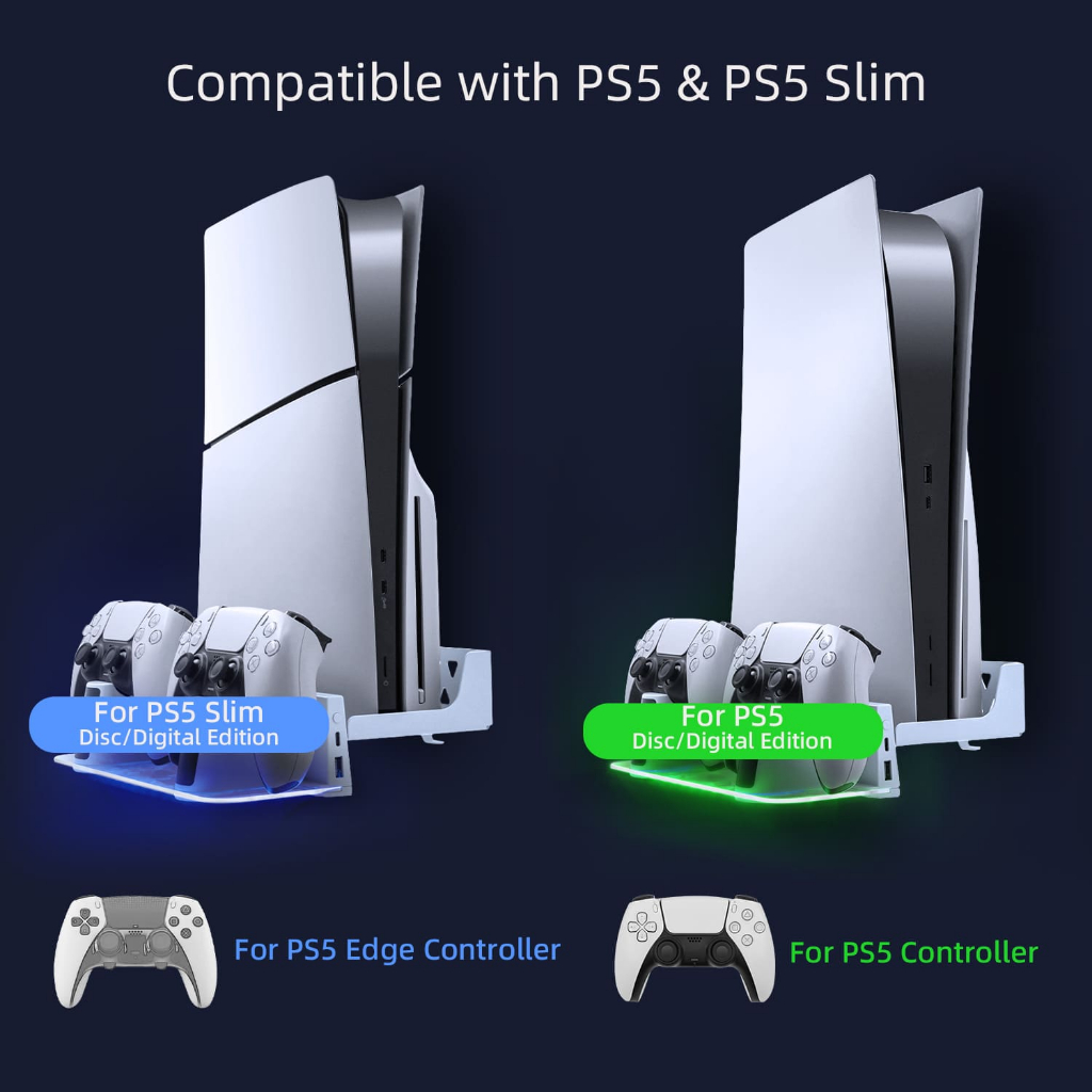 ขาตั้งคอนโซลเกมติดผนังพร้อมเครื่องชาร์จคอนโทรลเลอร์คู่สําหรับ PS5 Pro/PS5 Slim/PS5