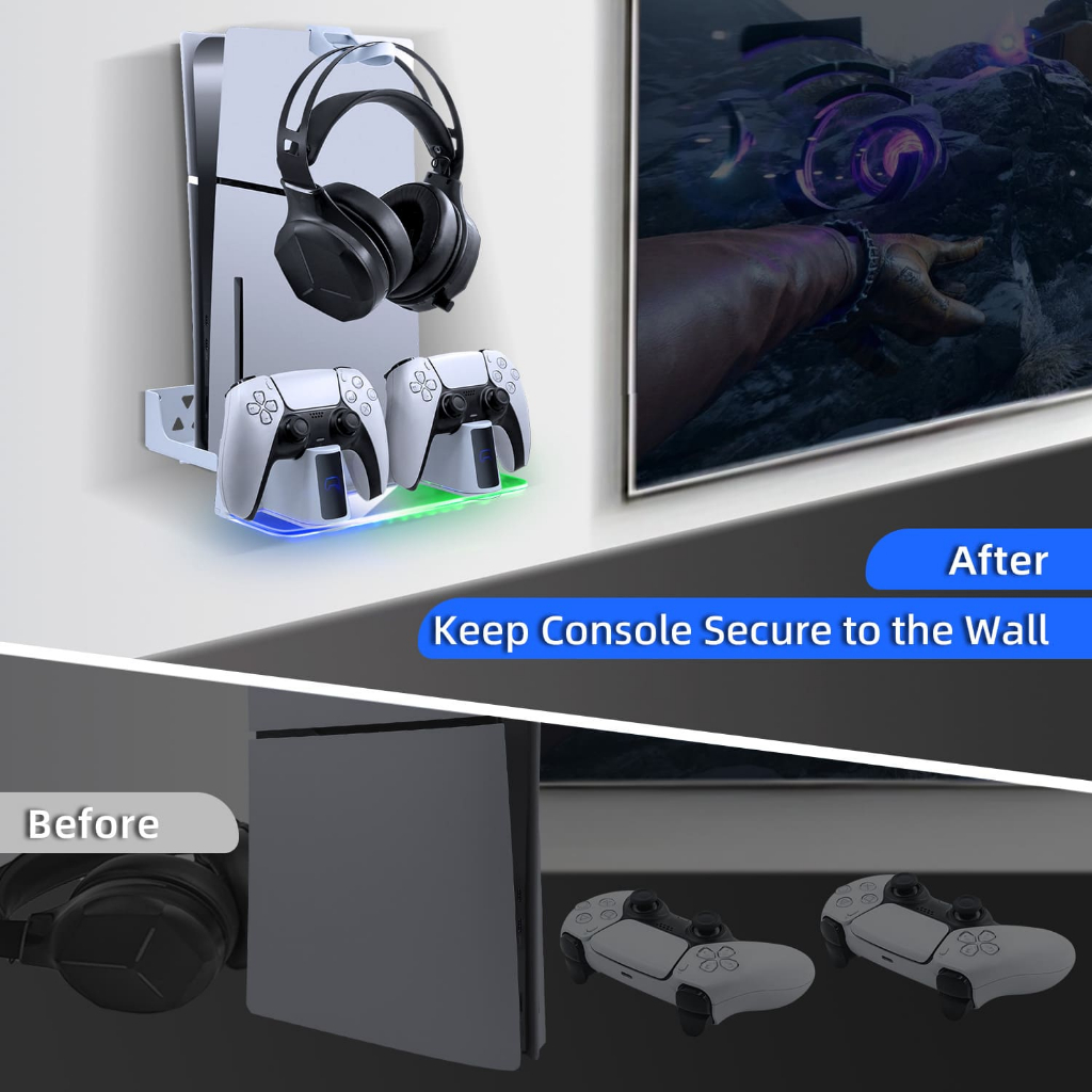 ขาตั้งคอนโซลเกมติดผนังพร้อมเครื่องชาร์จคอนโทรลเลอร์คู่สําหรับ PS5 Pro/PS5 Slim/PS5