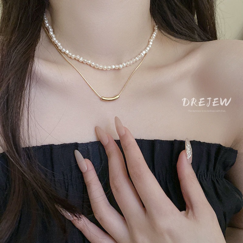 DREJEW  ชุดสร้อยคอโซ่ ประดับลูกปัดไข่มุก ทรงไม่สมมาตร เรียบง่าย สไตล์ฝรั่งเศส เรโทร อเนกประสงค์