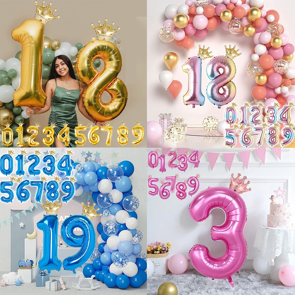 ลูกโป่งฟอยล์ฮีเลียม รูปมงกุฎ ขนาดใหญ่ 32 นิ้ว 0-9 ตัวเลข 0-9 สีรุ้ง ฟ้า ชมพู ทอง เงิน สําหรับตกแต่งปาร์ตี้วันเกิด งานแต่งงาน วันครบรอบ 0-9 ปี
