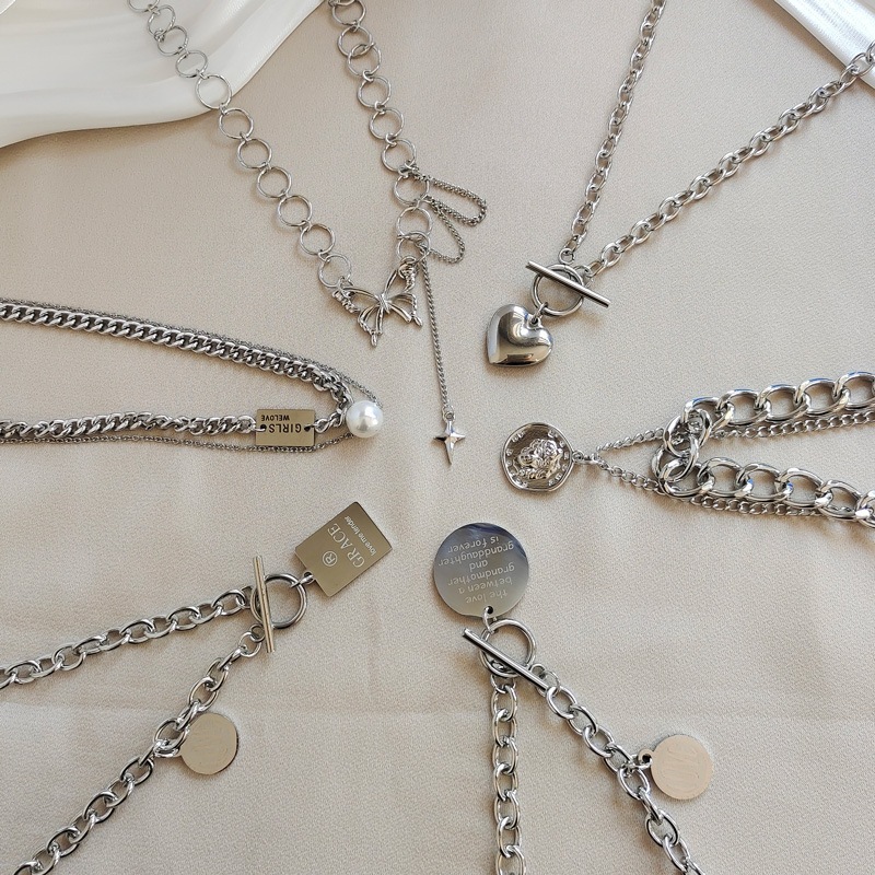 ⭐Y.H⭐ ผู้ชาย คุณผู้หญิง สีเงิน รูปหัวใจ เพชร ยิ้ม หลากหลายรูปแบบ สร้อยคอสแตนเลส