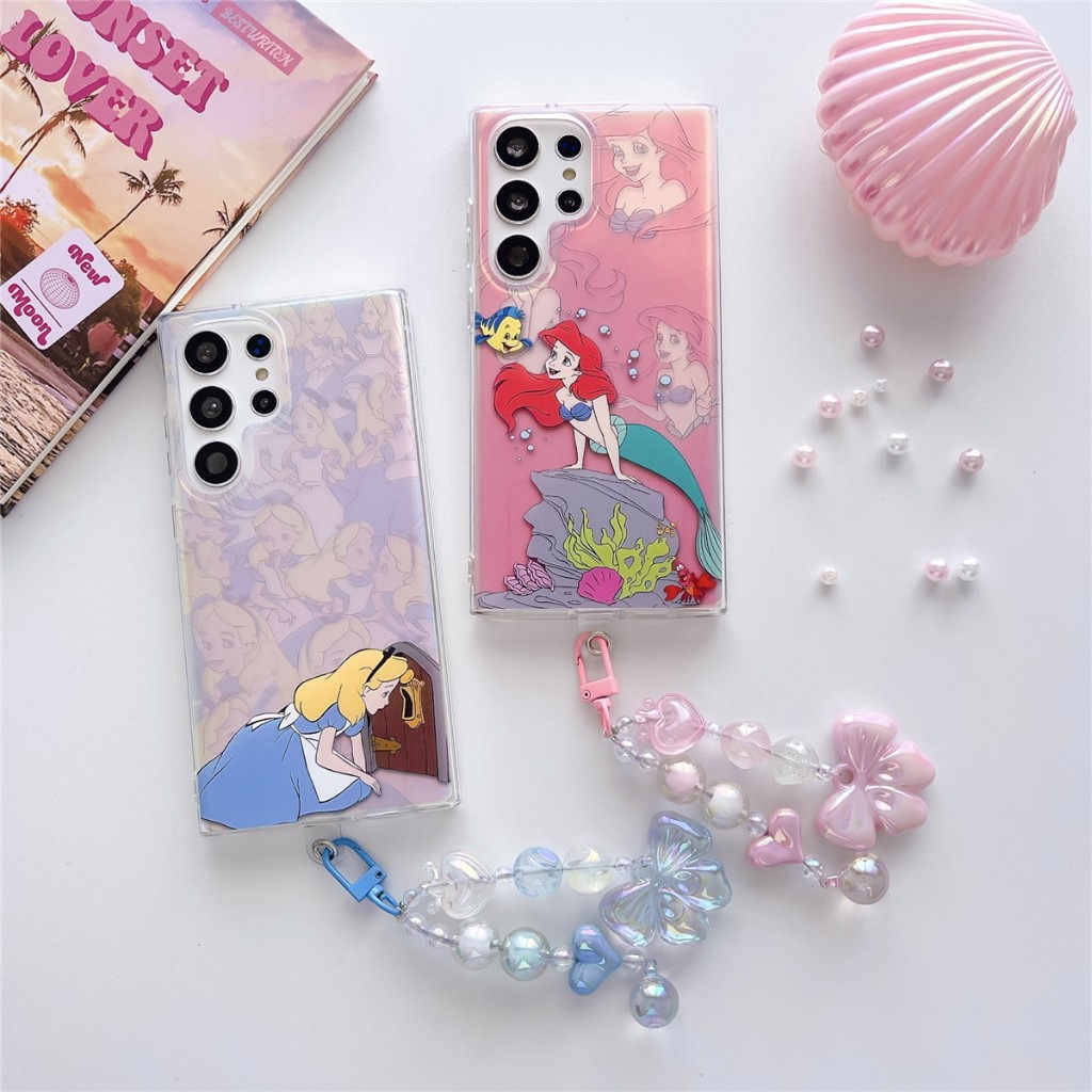การ์ตูน นางเงือก อลิซ ซองโทรศัพท์ Samsung Galaxy S24 Ultra S24 Plus S24 S23 Ultra S23 Plus S23 S23FE S22Ultra S22Plus S22 Case เคสโทรศัพท์ใหม่ โซ่ลูกปัด สองด้าน IMD ป้องกันการตก เคสมือถือซัมซุง