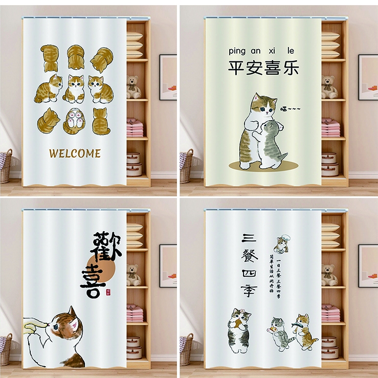 ผ้าม่าน ลายการ์ตูนแมว ป้องกันฝุ่น สําหรับตู้เสื้อผ้า ประตู