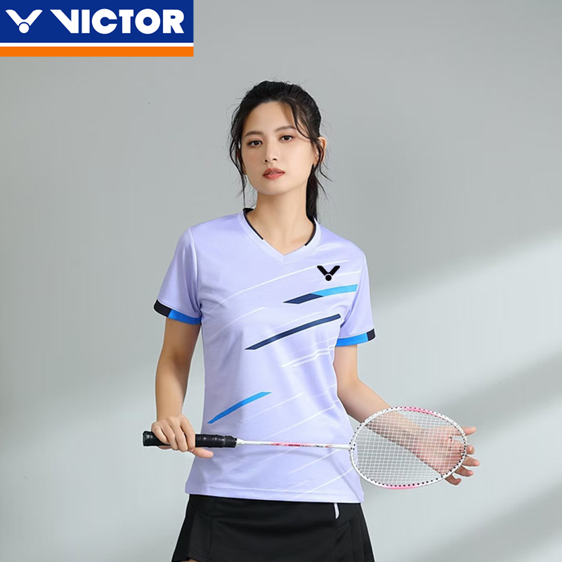 เสื้อยืดแขนสั้น ผ้าตาข่าย แบบแห้งเร็ว ลาย Victor สําหรับผู้ชาย และผู้หญิง เหมาะกับการเล่นแบดมินตัน เทนนิส
