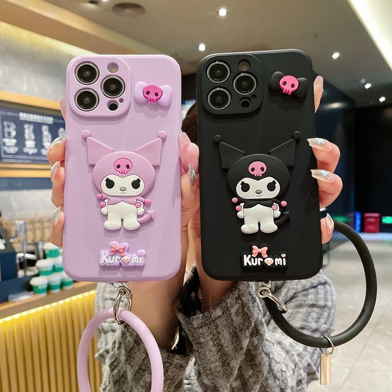 สําหรับ iPhone 16 15 14 13 12 11 Pro X XS Max XR 6 6S 7 8 Plus Kuromi เคสโทรศัพท์นุ่มพร้อมสร้อยข้อมือ