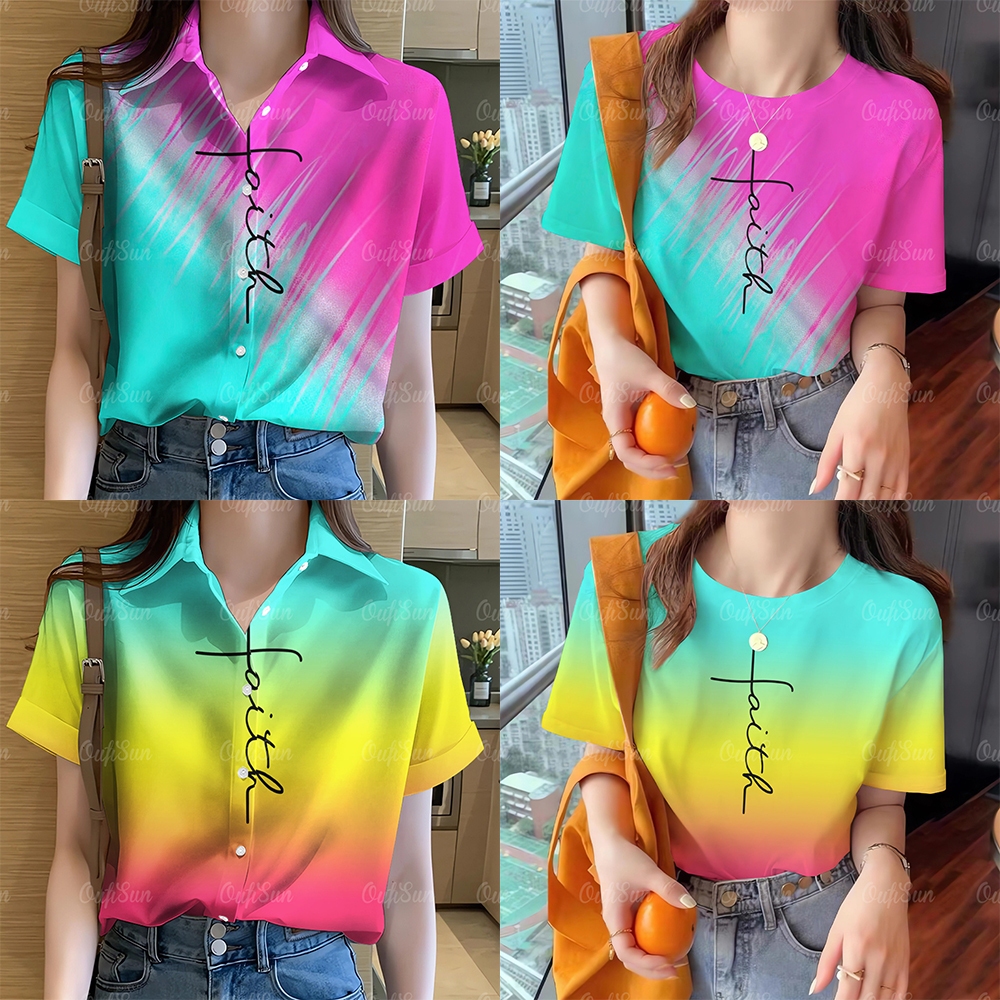 เสื้อเชิ้ตแขนสั้น พิมพ์ลาย แต่งไล่โทนสี สไตล์ฮาวาย สําหรับผู้หญิง ปีใหม่ 2024