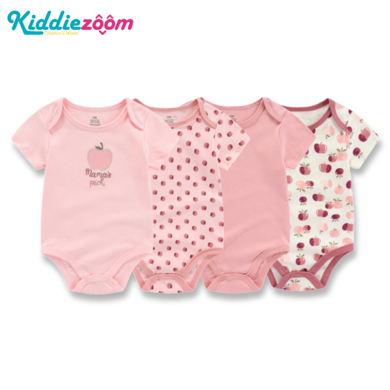 Kiddiezoom ชุดรอมเปอร์ แขนสั้น ผ้าฝ้าย พิมพ์ลายการ์ตูน แฟชั่นฤดูร้อน สําหรับเด็กทารกแรกเกิดผู้ชาย ผู้หญิง 0-12 เดือน 4 ชิ้น