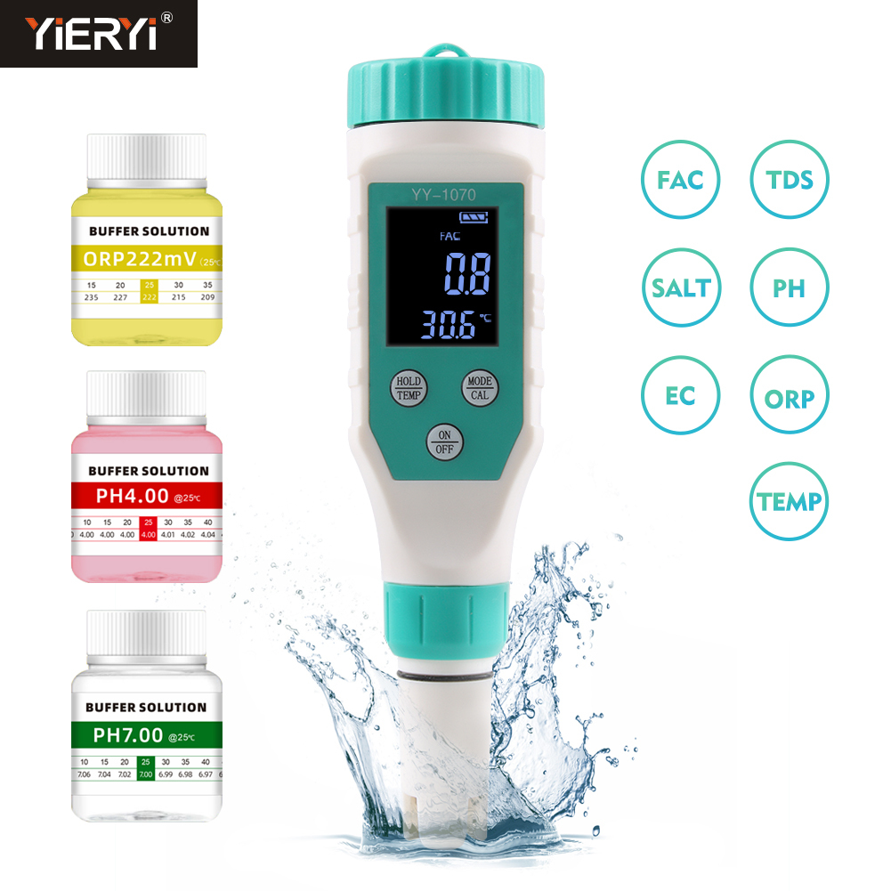 Yieryi สระว่ายน้ําเครื่องทดสอบคลอรีนตกค้าง PH Meter ORP CL คลอรีนความเค็ม TDS EC TEMP เกลือทดสอบปากกาเหมาะสําหรับสระว่ายน้ําคลอรีนตกค้าง Test Aquarium Hydroponic Brewing ดื่มน้ํา