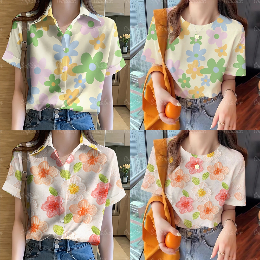 เสื้อสงกรานต์2567เสื้อฮาวายผู้หญิงเสื้อผ้าลำลองสำหรับเทศกาลสตรีผู้หญิงปีใหม่เสื้อเบลาส์แขนสั้นพิมพ์ลายดอกไม้