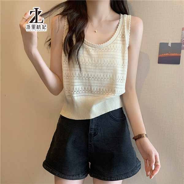 ZHELIHANGFEI เสื้อกล้ามถักลายโปร่งสำหรับผู้หญิง รุ่นใหม่สไตล์เรียบง่ายแขนกุด เสื้อพื้นฐาน