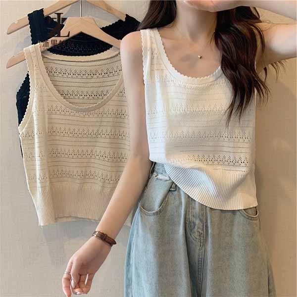 ฝรั่งเศสถักกลวง เสื้อชั้นในสตรี ผู้หญิงสวมใส่ด้านนอกแขนกุดด้านบนผู้หญิงเสื้อ จุดต่ําสุด สไตล์ใหม่ฤดูร้อน